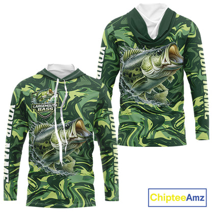 Largemouth Bass Fishing Shirts Long Sleeve Hooded Camo Green With Personalized Name NHT398
