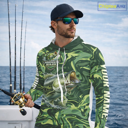 Largemouth Bass Fishing Shirts Long Sleeve Hooded Camo Green With Personalized Name NHT398