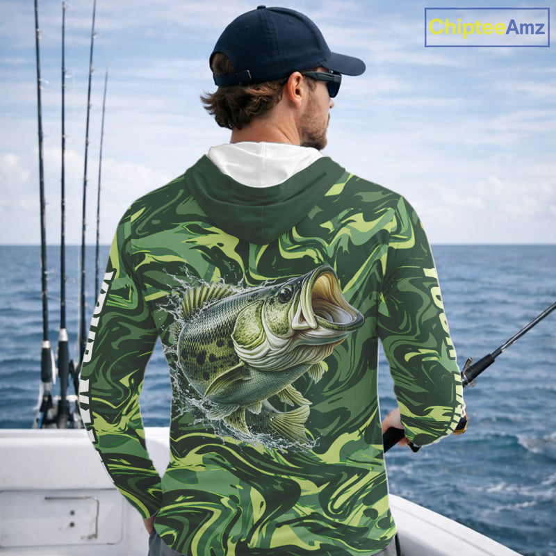 Largemouth Bass Fishing Shirts Long Sleeve Hooded Camo Green With Personalized Name NHT398