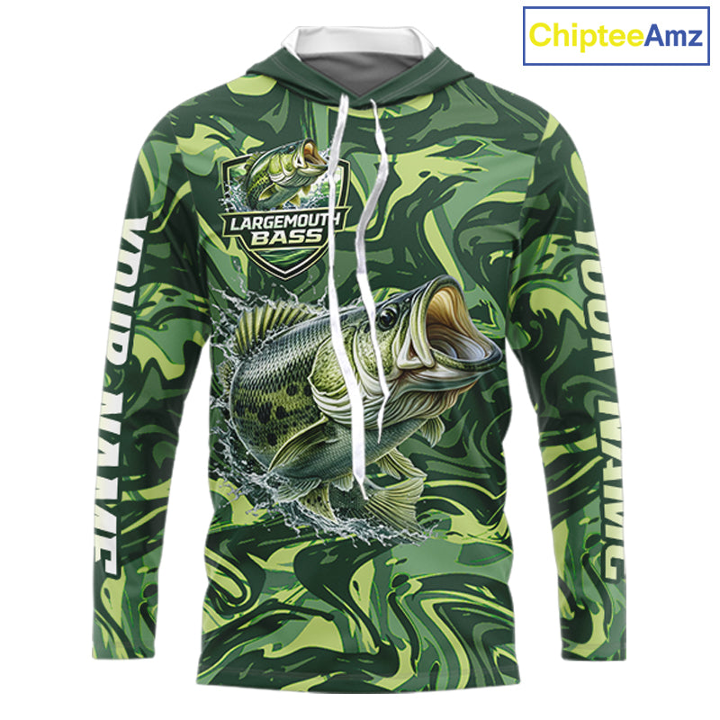 Largemouth Bass Fishing Shirts Long Sleeve Hooded Camo Green With Personalized Name NHT398
