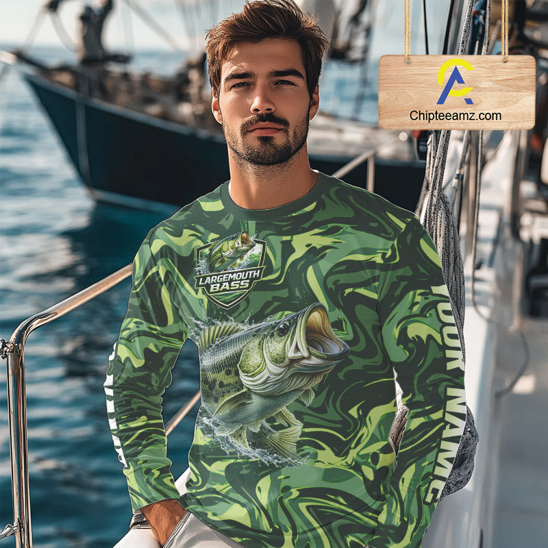 Largemouth Bass Fishing Shirts Long Sleeve Camo Green With Personalized Name NHT398