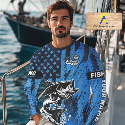 Bass Fishing American Camo Custom Name UV Protection Long Sleeves Shirt, Bass Fishing Jersey NHT530