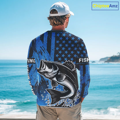 Bass Fishing American Camo Custom Name UV Protection Long Sleeves Shirt, Bass Fishing Jersey NHT530