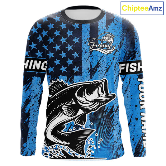 Bass Fishing American Camo Custom Name UV Protection Long Sleeves Shirt, Bass Fishing Jersey NHT530