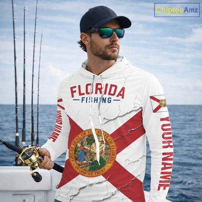 Florida Fishing Shirt Patriotic Florida Flag Long Sleeve Hooded UV Protection Fishing Jersey