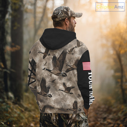 Personalized Goose Hunting Camo Flying Geese American Flag Waterfowl Hunter Custom Name Gift NHT1363