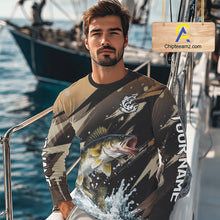 Load image into Gallery viewer, Brown Camo Walleye Fishing Shirts Long Sleeve, Custom Walleye Performance Fishing Apparel NHT459