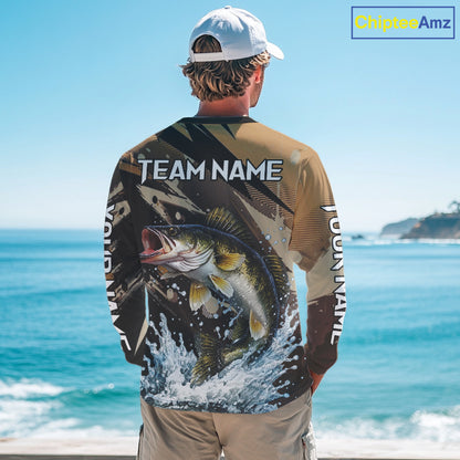 Brown Camo Walleye Fishing Shirts Long Sleeve, Custom Walleye Performance Fishing Apparel NHT459