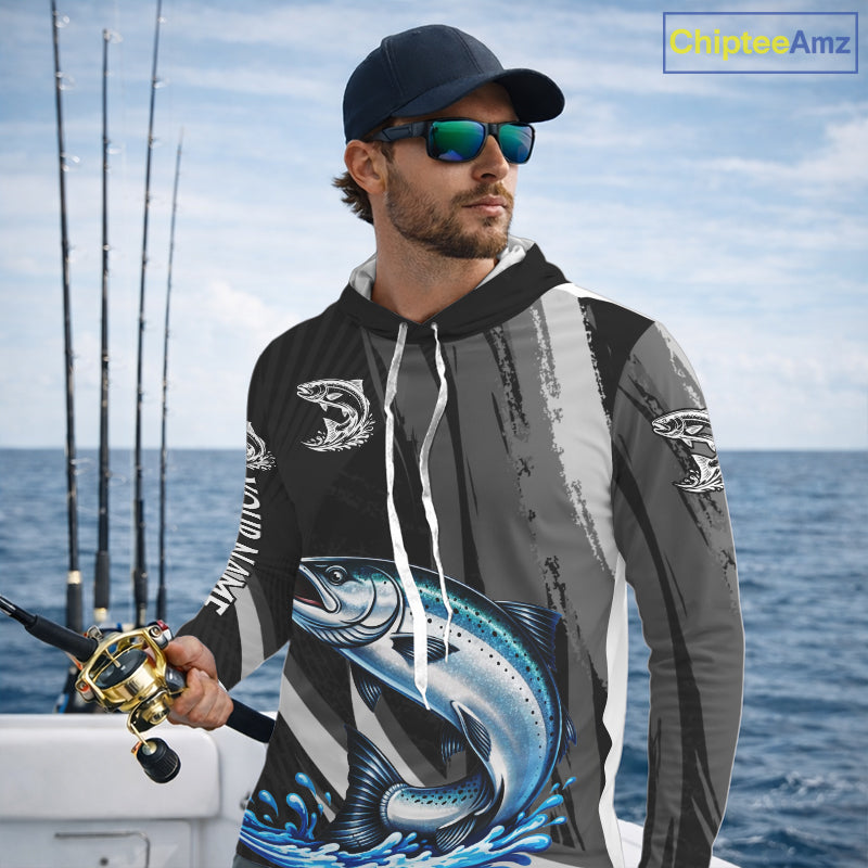 Personalized Black Camo Chinook Salmon Fishing Jerseys, Salmon Long Sleeve Hooded Fishing Shirts  NHT463