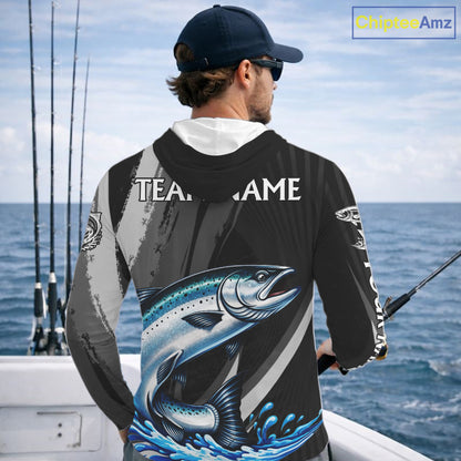 Personalized Black Camo Chinook Salmon Fishing Jerseys, Salmon Long Sleeve Hooded Fishing Shirts  NHT463