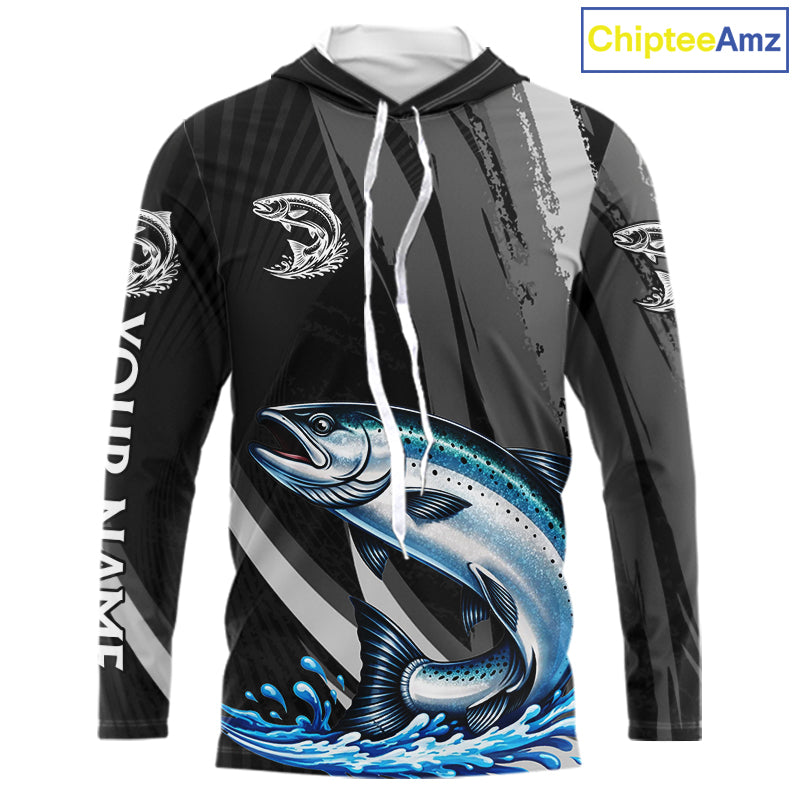 Personalized Black Camo Chinook Salmon Fishing Jerseys, Salmon Long Sleeve Hooded Fishing Shirts  NHT463