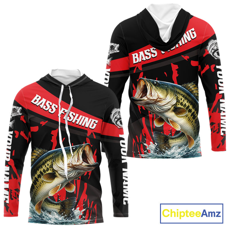 Custom Largemouth Bass Fishing Jerseys, Largemouth Bass Hooded Fishing Shirts Long Sleeve For Men|Red NHT725