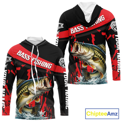 Custom Largemouth Bass Fishing Jerseys, Largemouth Bass Hooded Fishing Shirts Long Sleeve For Men|Red NHT725