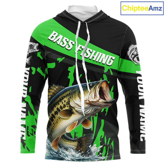Custom Largemouth Bass Fishing Jerseys, Largemouth Bass Hooded Fishing Shirts Long Sleeve For Men|Green NHT727