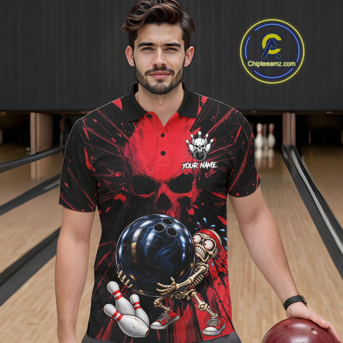 Funny Skull Bowling Shirt, Personalized Red Skeleton Bowling Polo For Bowling Teams For Men NHT1512