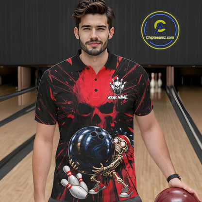Funny Skull Bowling Shirt, Personalized Red Skeleton Bowling Polo For Bowling Teams For Men NHT1512