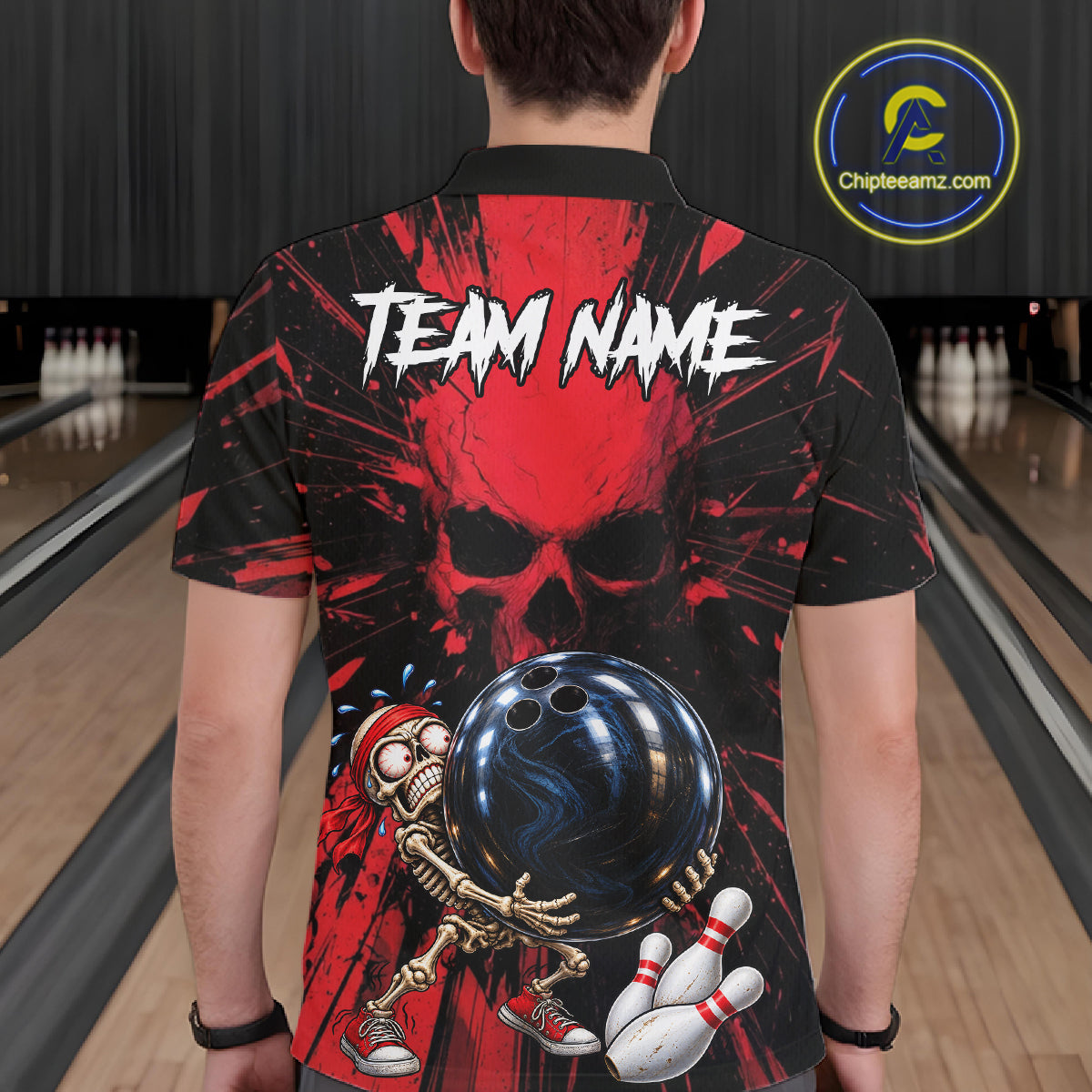 Funny Skull Bowling Shirt, Personalized Red Skeleton Bowling Polo For Bowling Teams For Men NHT1512