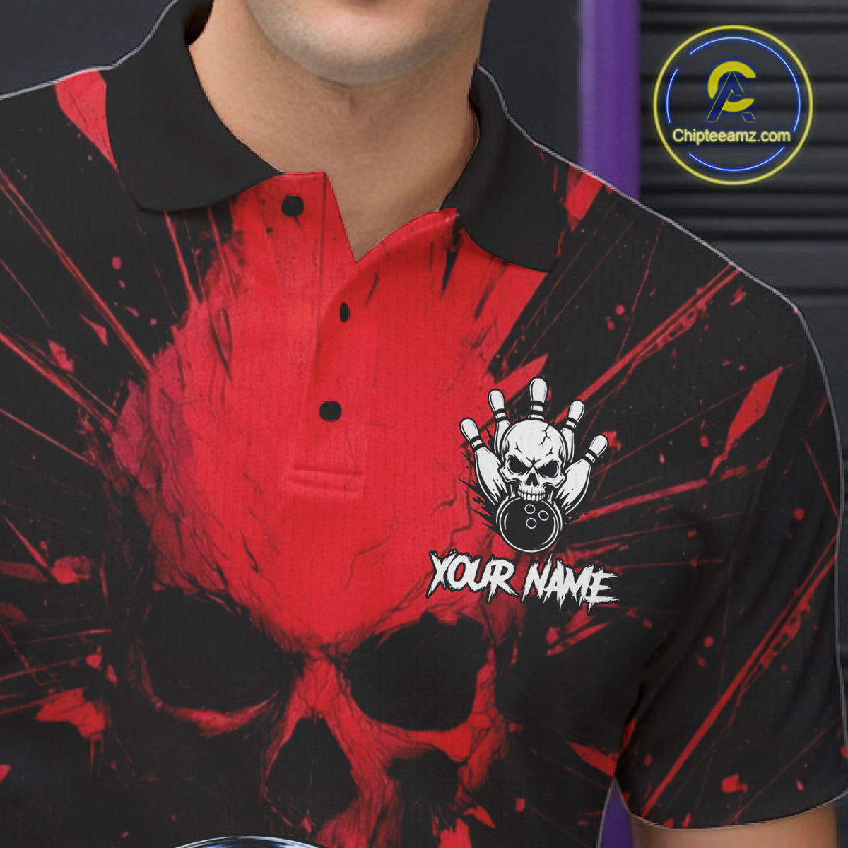 Funny Skull Bowling Shirt, Personalized Red Skeleton Bowling Polo For Bowling Teams For Men NHT1512