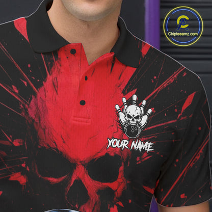 Funny Skull Bowling Shirt, Personalized Red Skeleton Bowling Polo For Bowling Teams For Men NHT1512
