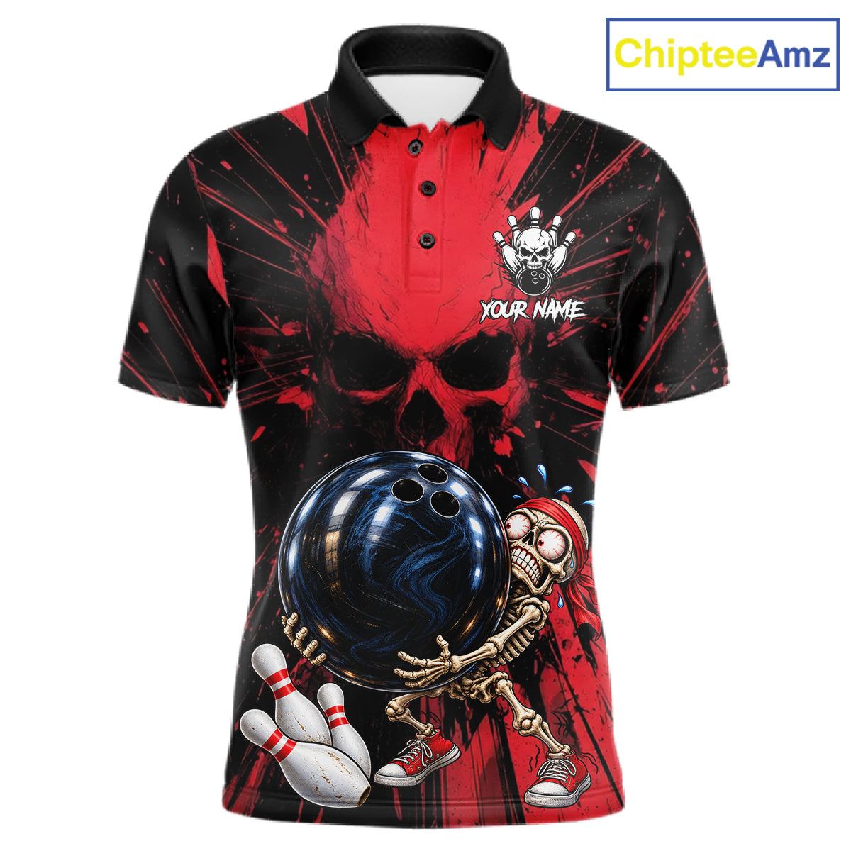 Funny Skull Bowling Shirt, Personalized Red Skeleton Bowling Polo For Bowling Teams For Men NHT1512