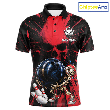 Funny Skull Bowling Shirt, Personalized Red Skeleton Bowling Polo For Bowling Teams For Men NHT1512