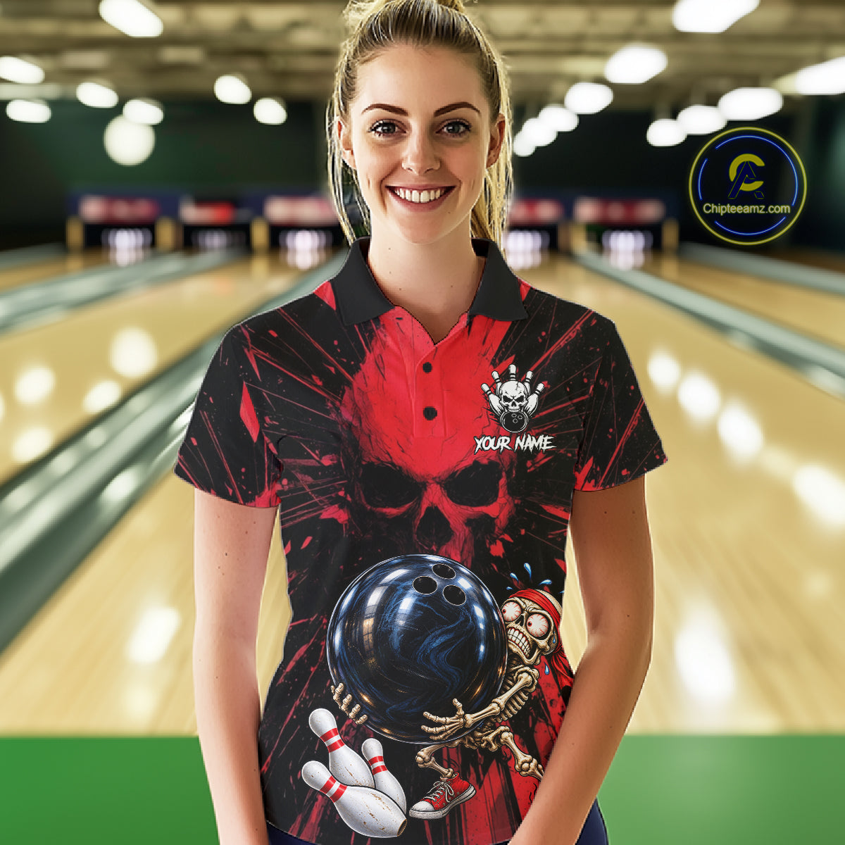 Funny Skull Bowling Shirt, Personalized Red Skeleton Bowling Polo For Bowling Teams For Women NHT1512