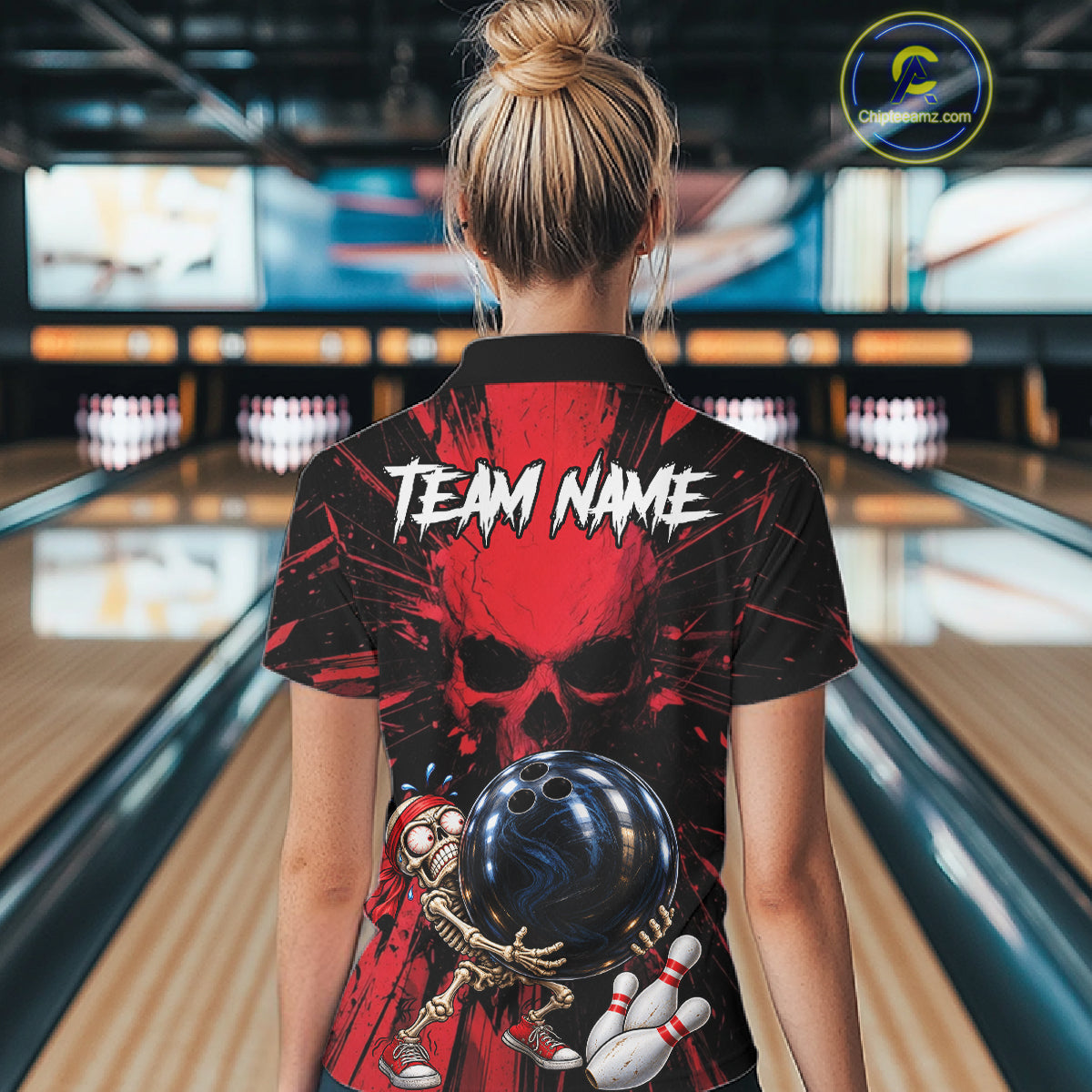 Funny Skull Bowling Shirt, Personalized Red Skeleton Bowling Polo For Bowling Teams For Women NHT1512