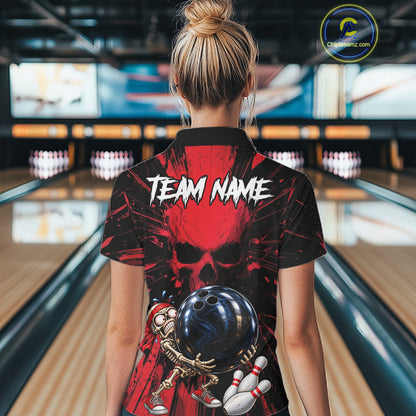 Funny Skull Bowling Shirt, Personalized Red Skeleton Bowling Polo For Bowling Teams For Women NHT1512