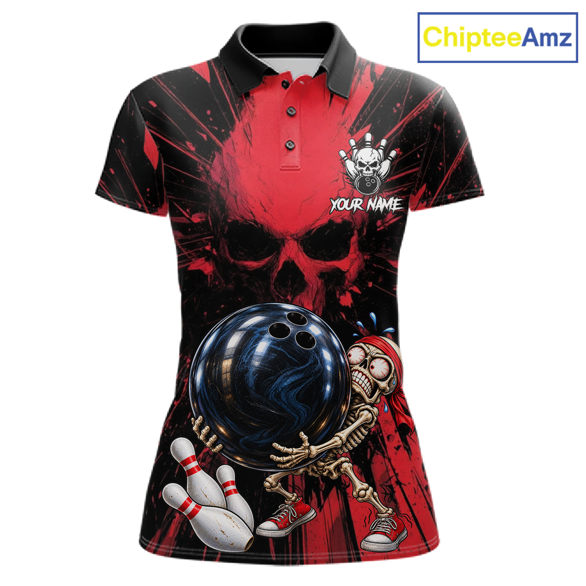 Funny Skull Bowling Shirt, Personalized Red Skeleton Bowling Polo For Bowling Teams For Women NHT1512