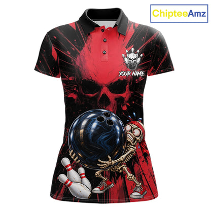 Funny Skull Bowling Shirt, Personalized Red Skeleton Bowling Polo For Bowling Teams For Women NHT1512