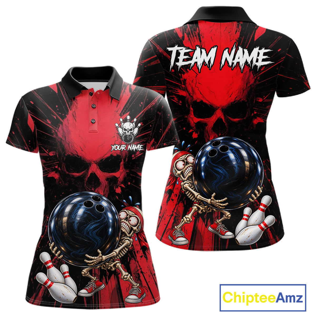 Funny Skull Bowling Shirt, Personalized Red Skeleton Bowling Polo For Bowling Teams For Women NHT1512
