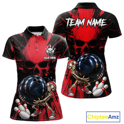 Funny Skull Bowling Shirt, Personalized Red Skeleton Bowling Polo For Bowling Teams For Women NHT1512