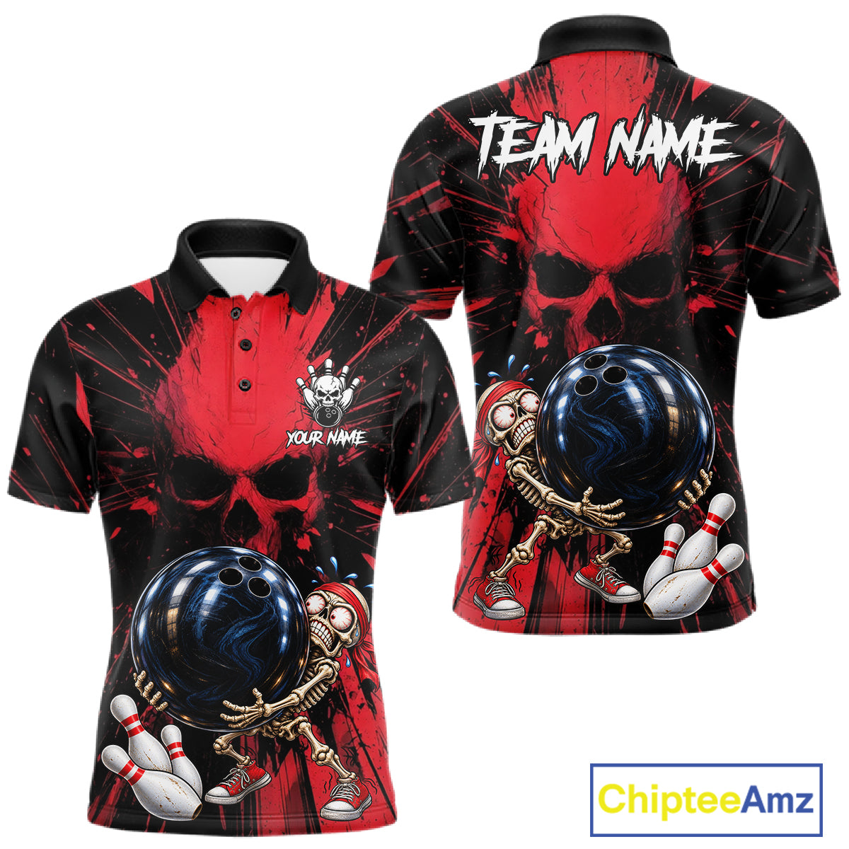 Funny Skull Bowling Shirt, Personalized Red Skeleton Bowling Polo For Bowling Teams For Men NHT1512