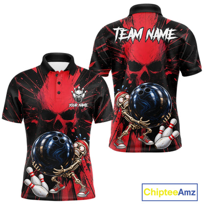 Funny Skull Bowling Shirt, Personalized Red Skeleton Bowling Polo For Bowling Teams For Men NHT1512