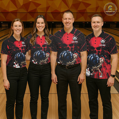 Funny Skull Bowling Shirt, Personalized Red Skeleton Bowling Polo For Bowling Teams For Women NHT1512