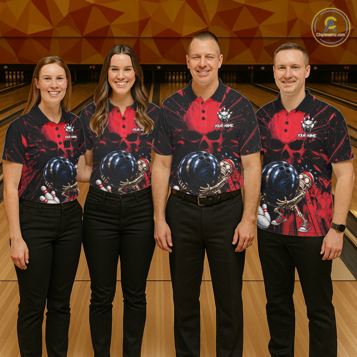 Funny Skull Bowling Shirt, Personalized Red Skeleton Bowling Polo For Bowling Teams For Men NHT1512