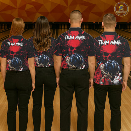 Funny Skull Bowling Shirt, Personalized Red Skeleton Bowling Polo For Bowling Teams For Women NHT1512