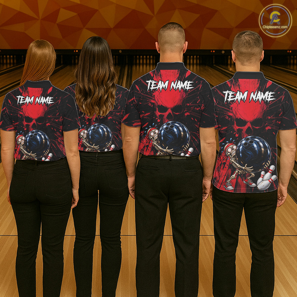 Funny Skull Bowling Shirt, Personalized Red Skeleton Bowling Polo For Bowling Teams For Men NHT1512