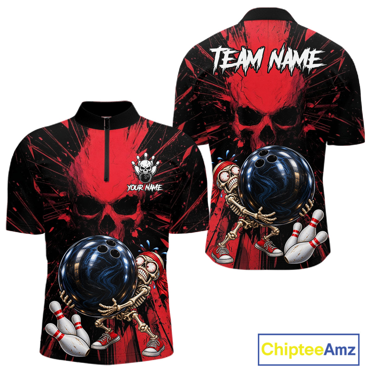 Funny Skull Bowling Shirt, Personalized Red Skeleton Bowling Polo For Bowling Teams For Men NHT1512
