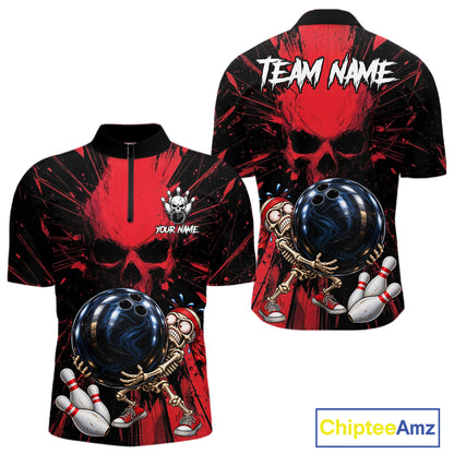 Funny Skull Bowling Shirt, Personalized Red Skeleton Bowling Polo For Bowling Teams For Men NHT1512