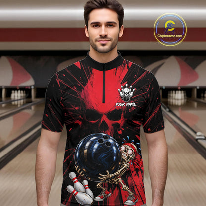 Funny Skull Bowling Shirt, Personalized Red Skeleton Bowling Polo For Bowling Teams For Men NHT1512