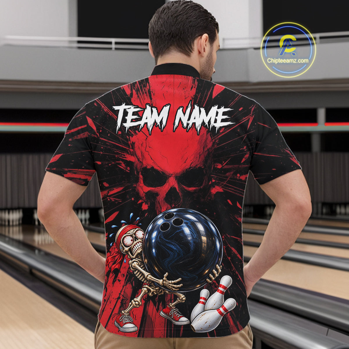 Funny Skull Bowling Shirt, Personalized Red Skeleton Bowling Polo For Bowling Teams For Men NHT1512