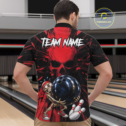 Funny Skull Bowling Shirt, Personalized Red Skeleton Bowling Polo For Bowling Teams For Men NHT1512