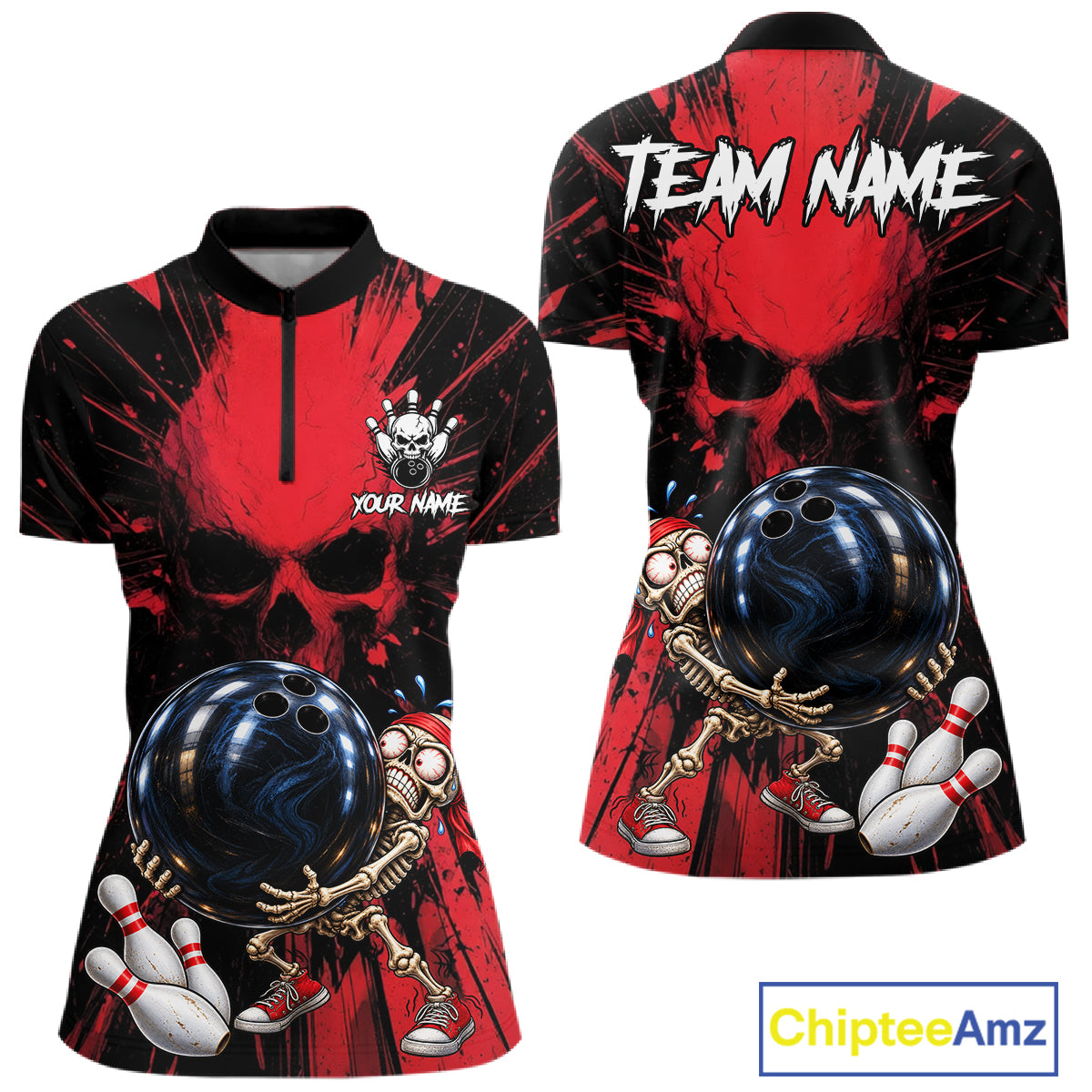 Funny Skull Bowling Shirt, Personalized Red Skeleton Bowling Polo For Bowling Teams For Women NHT1512