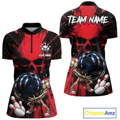 Funny Skull Bowling Shirt, Personalized Red Skeleton Bowling Polo For Bowling Teams For Women NHT1512