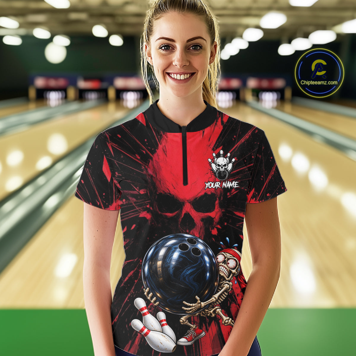 Funny Skull Bowling Shirt, Personalized Red Skeleton Bowling Polo For Bowling Teams For Women NHT1512