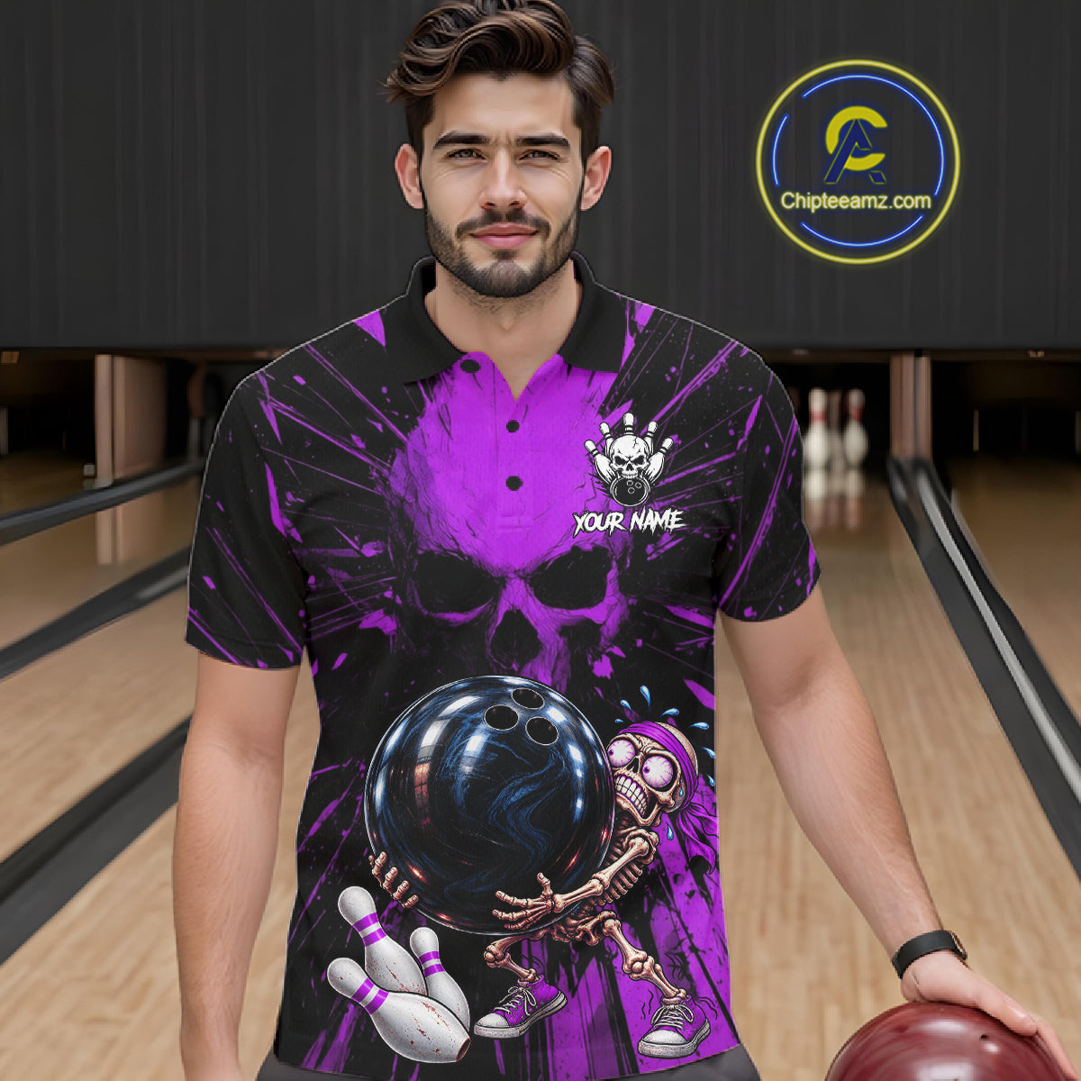 Funny Skull Bowling Shirt, Personalized Purple Skeleton Bowling Polo For Bowling Teams For Men NHT1513