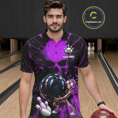 Funny Skull Bowling Shirt, Personalized Purple Skeleton Bowling Polo For Bowling Teams For Men NHT1513