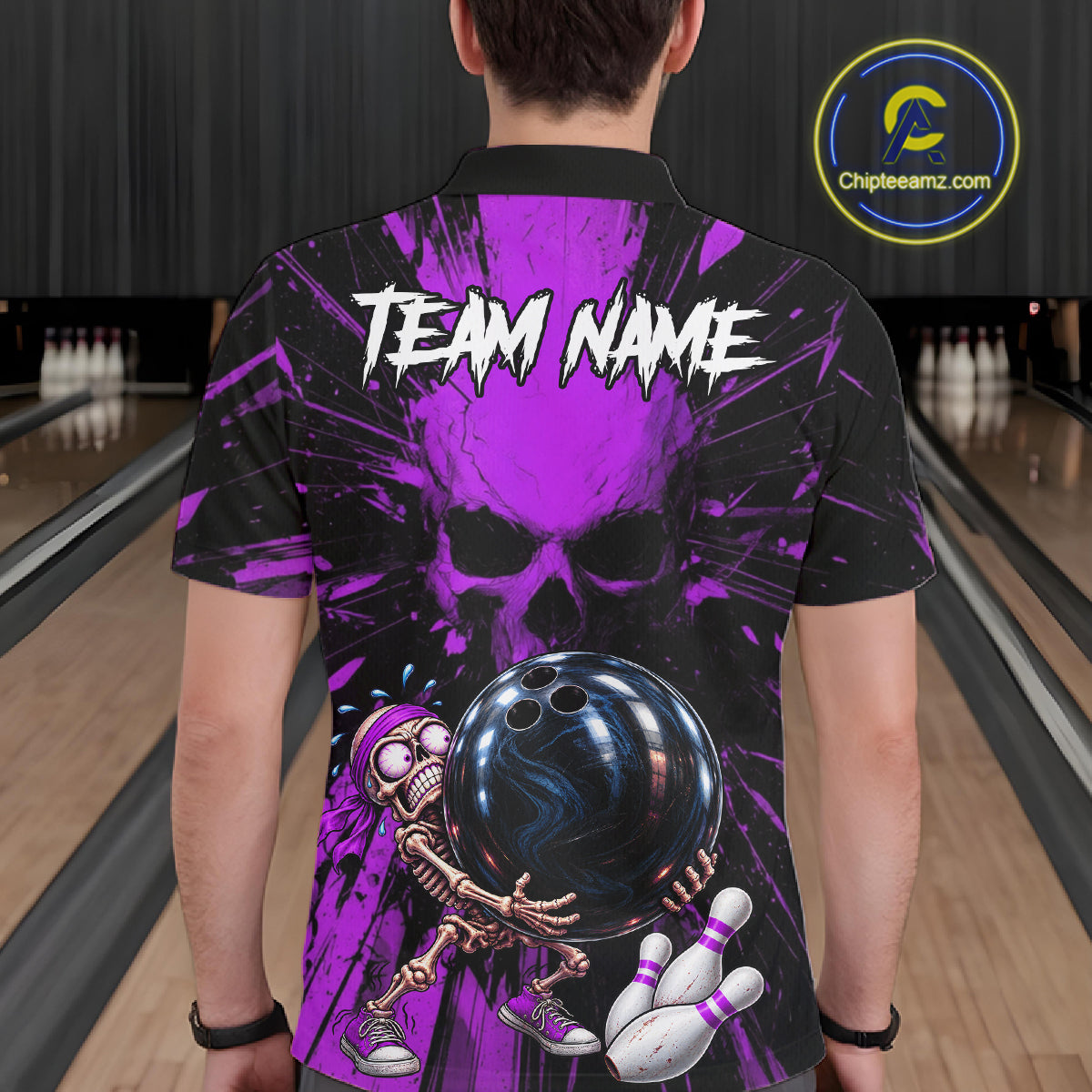 Funny Skull Bowling Shirt, Personalized Purple Skeleton Bowling Polo For Bowling Teams For Men NHT1513