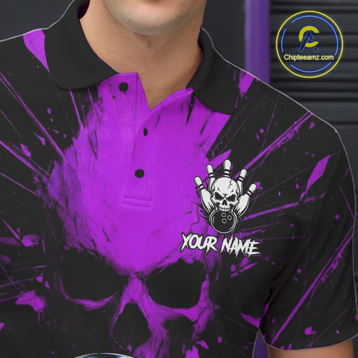 Funny Skull Bowling Shirt, Personalized Purple Skeleton Bowling Polo For Bowling Teams For Men NHT1513